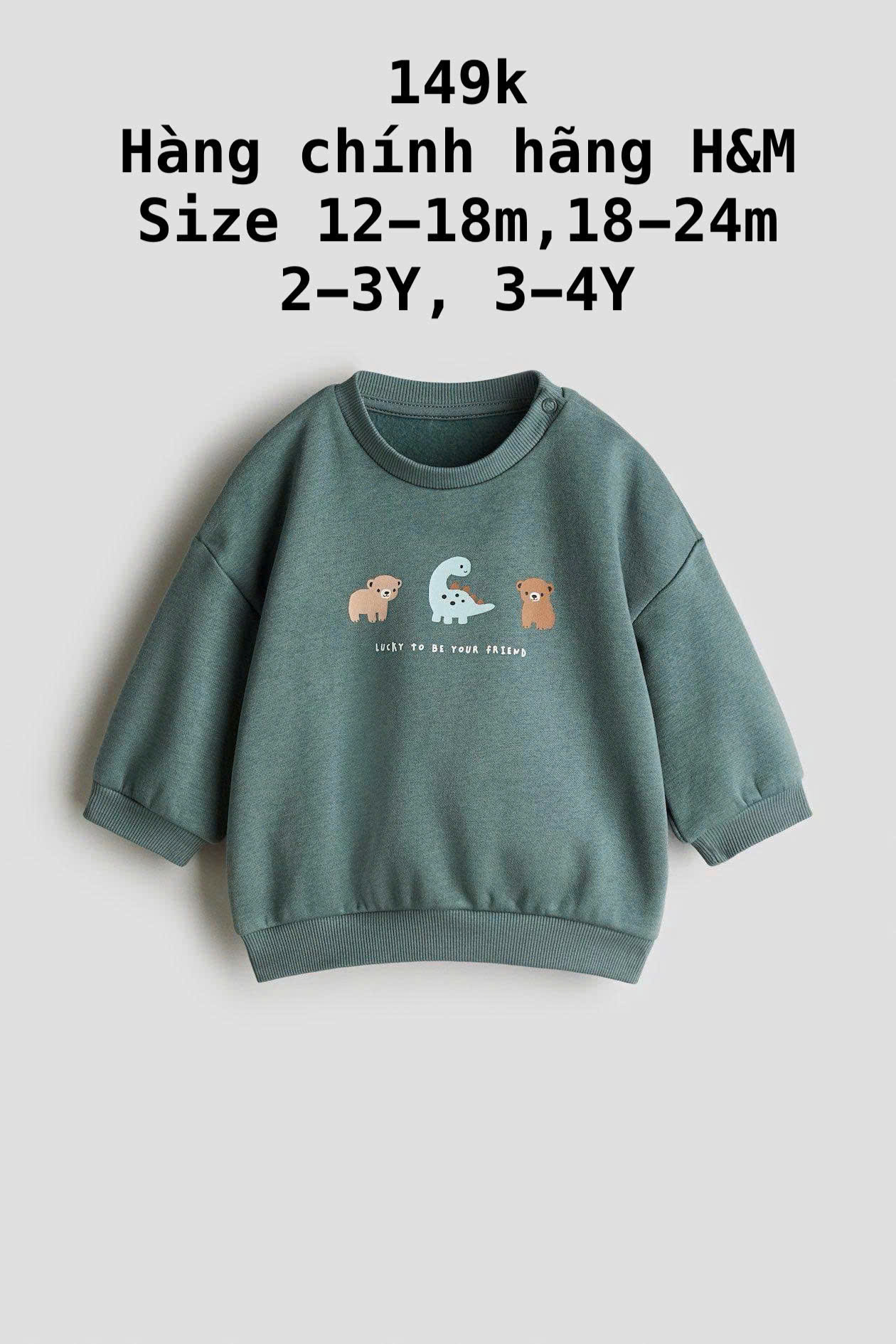 Áo nỉ tay dài màu xanh lá họa tiết khủng long 12m-4Y