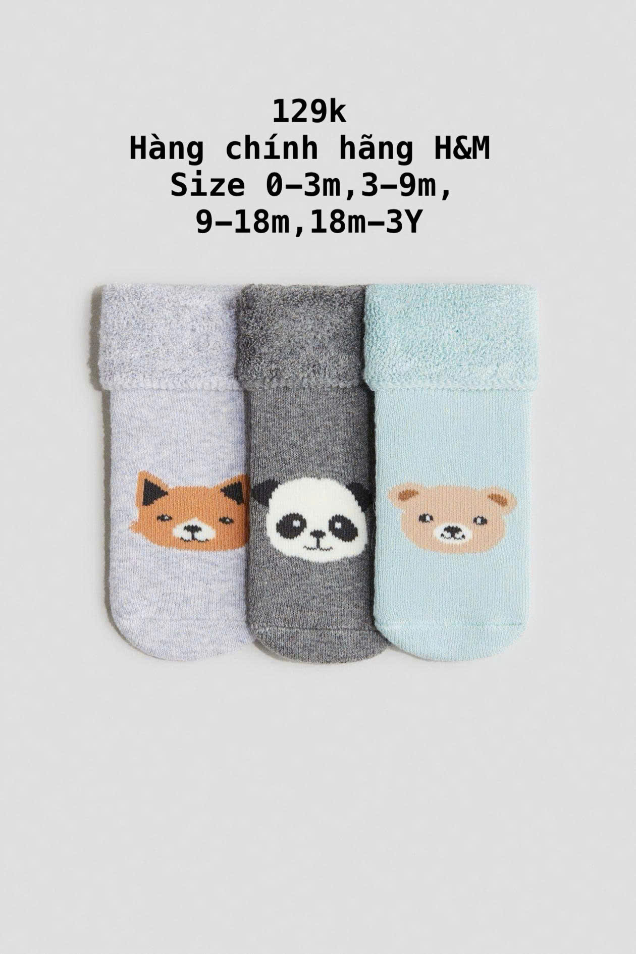 Set 3 đôi tất màu xanh họa tiết gấu 0m-3Y