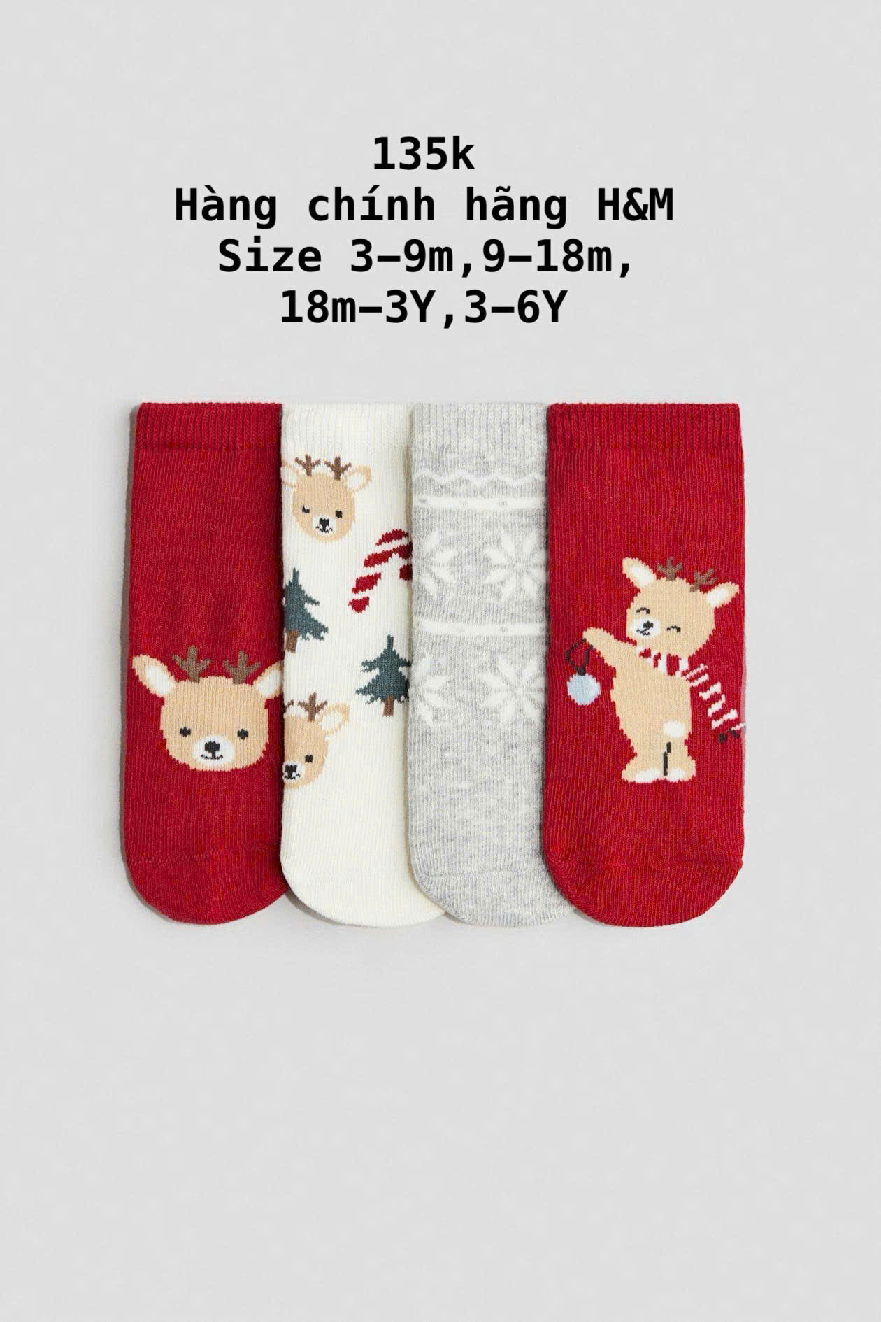 Set 4 đôi tất màu đỏ Noel 3m-6Y