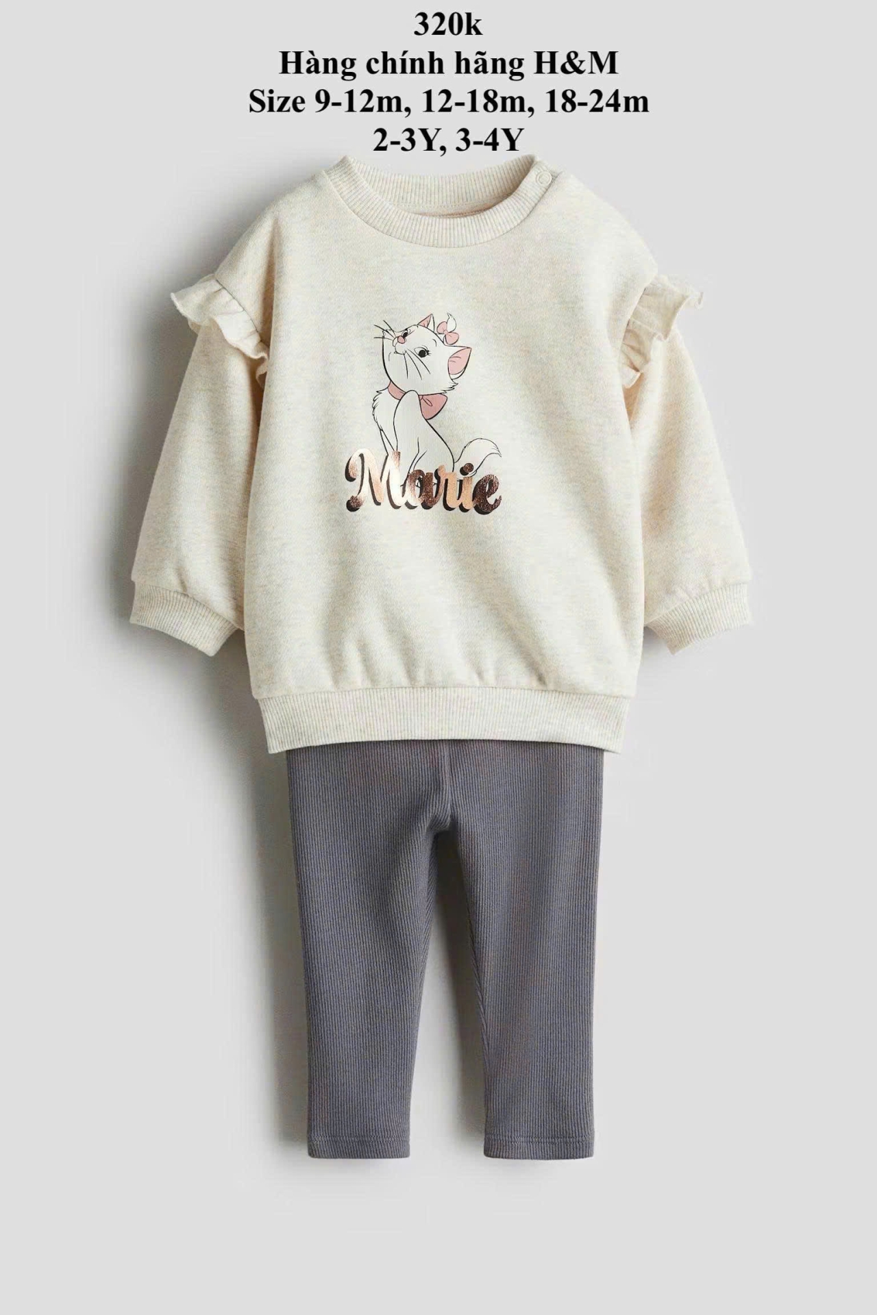 Bộ dài áo màu kem quần xám con mèo 9m-4Y