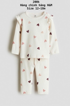 Bộ đồ ngủ viền bèo màu trắng họa tiết trái Tim 12-18m