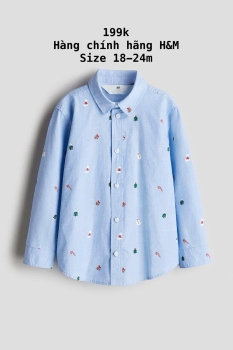 Áo sơ mi tay dài màu xanh dương họa tiết Noel 18-24m